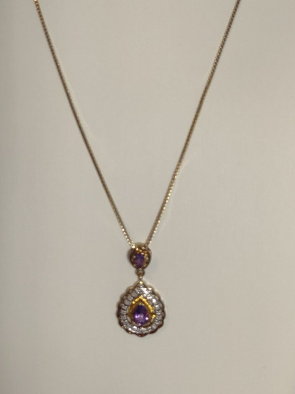 Necklace-2 Amethyst Stones Pendant- + 17.5" Box Chain - Sterling Silver 925 - Picture 4 of 14